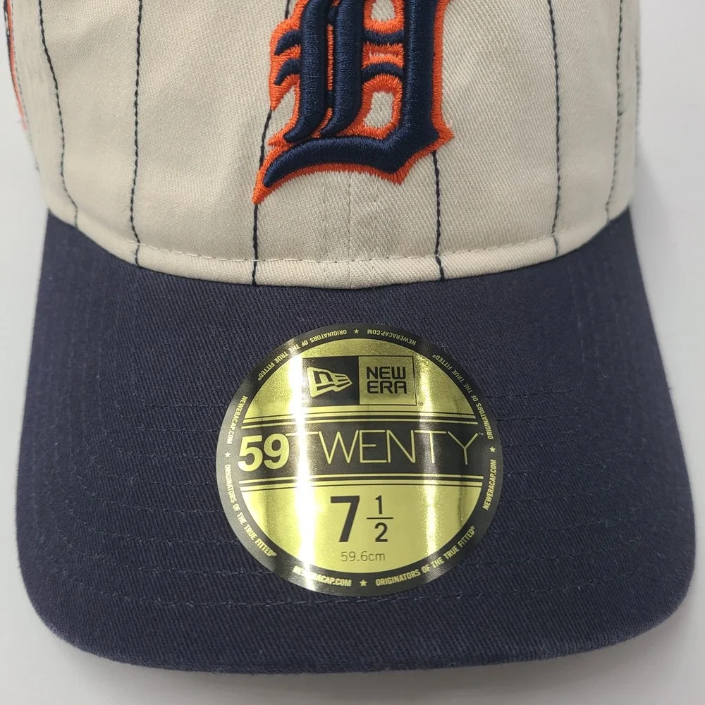 Detroit Tigers Hat Fitted 7 1/2 New Era 59Twenty Beige Blue MLB Pinstripes Men